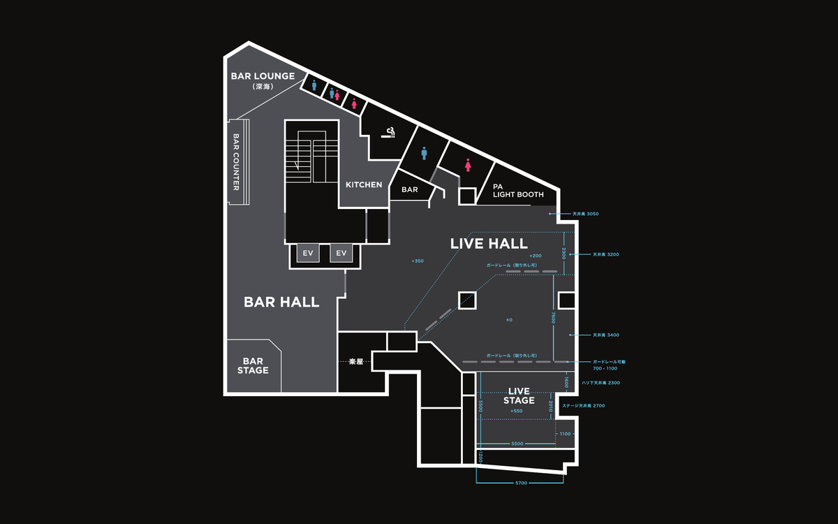 The basement floor drawn to scale - the live hall and its stage, BAR THE LOFT across the corridor, and the PA and lighting booth up in the corner above the crowd.