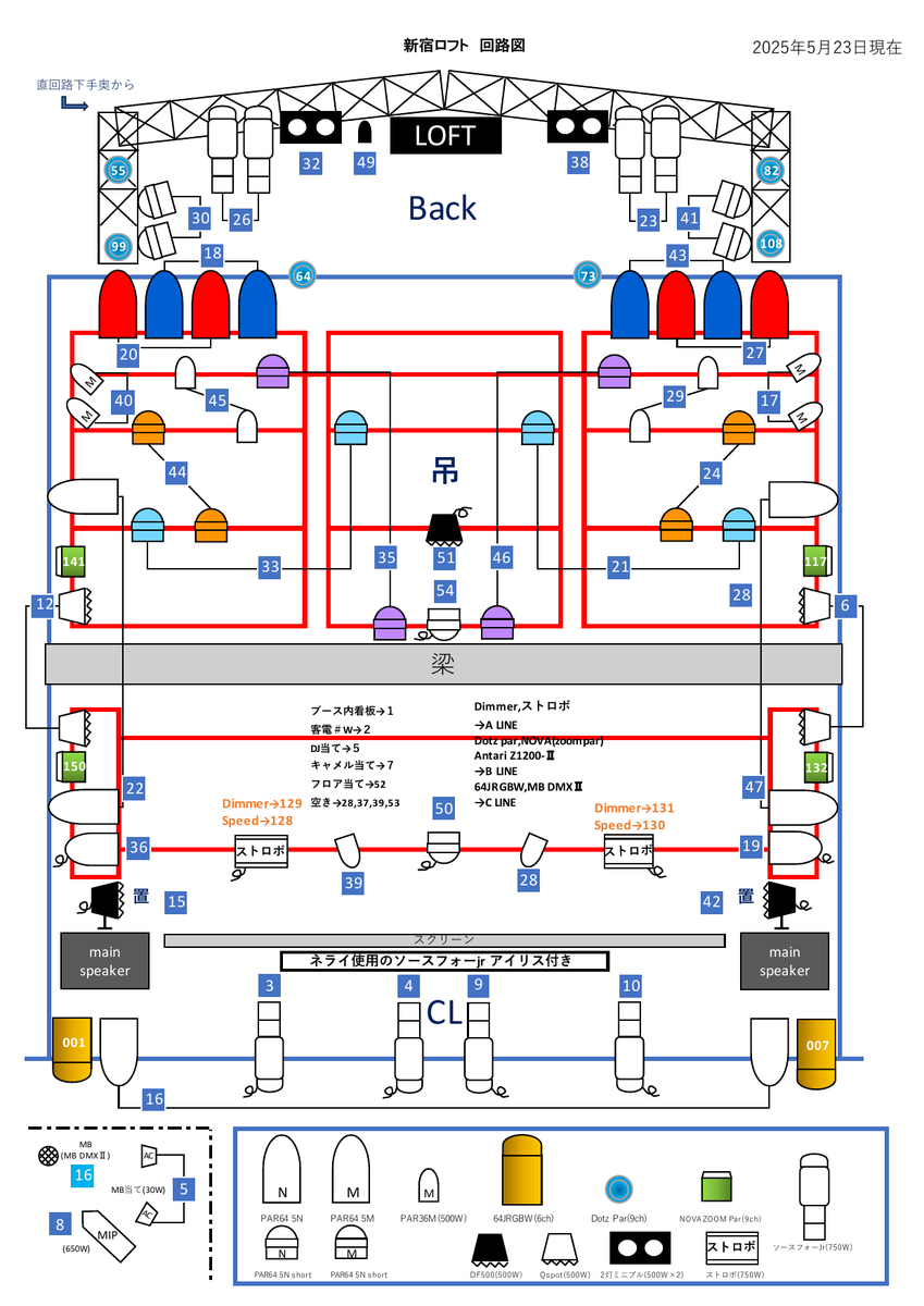 The lighting plot: every lamp on the truss against the circuit it answers to, with the main speakers either side of the stage and the screen across the back of it.