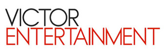 Victor Entertainment's two-line wordmark, VICTOR in black over ENTERTAINMENT in red - the company's mark on its site by 2016. The Nipper dog shown beside it there belongs to JVC and is left off here.